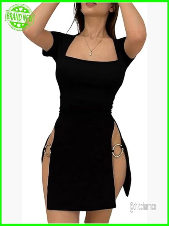 Dresses & Skirts - Women's Plus Size Short Sleeve Bodycon Mini Dress with High Slit, Pull On Style